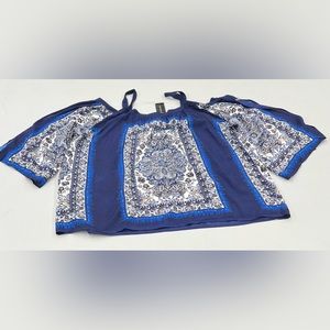 Ashley Stewart Scarf Print Cold Shoulder With Straps Blue Blouse Size 26/28